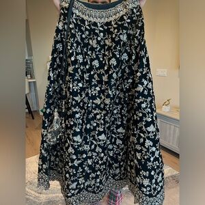 Heavy velvet navy blue bridal lengha w/ silk embroidery work and zircon stones